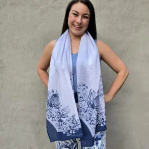 Kaap Delft Tafelberg & Protea Scrolls Border - Cotton Voile Scarf/Shawl